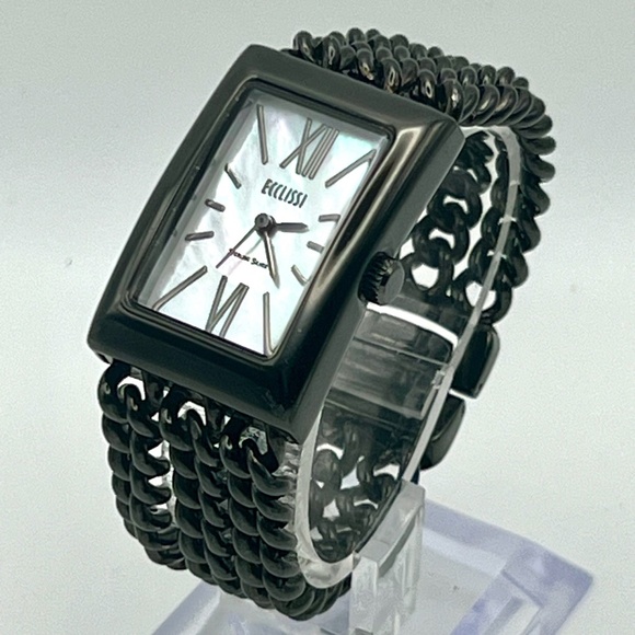 Vintage 90's Ecclissi Mother Pearl Sterling Silver Black Ladies Watch Working - Picture 5 of 10